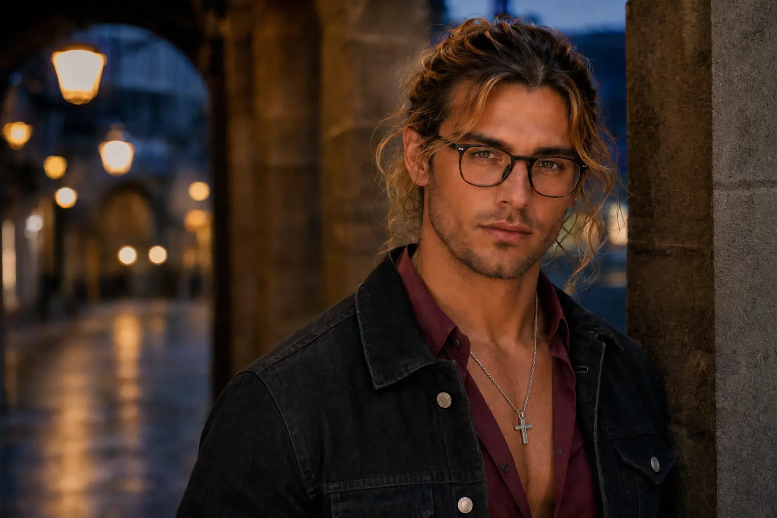 Alan wearing glasses beneath the arches of a historic street