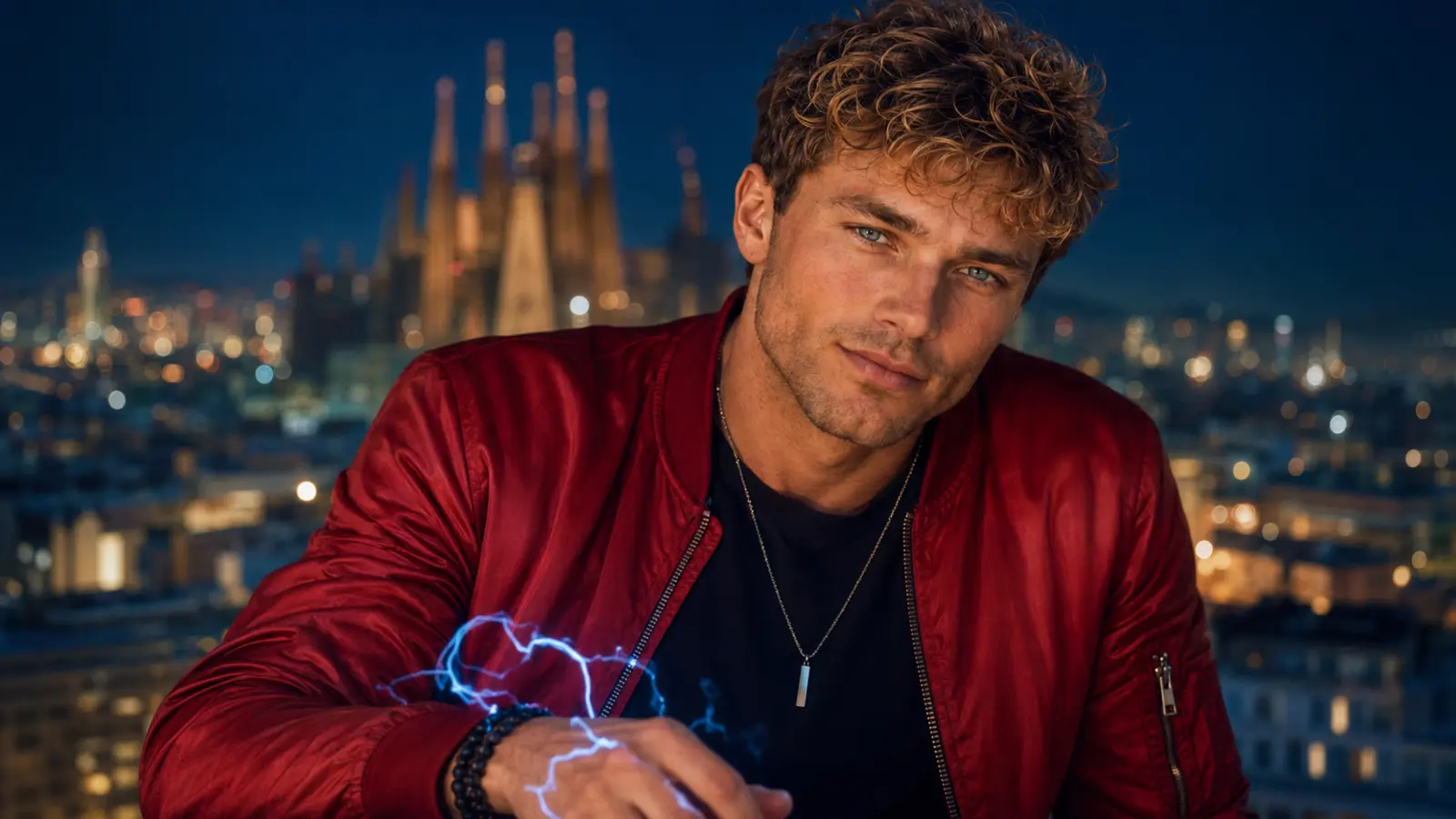 Mike wearing a red jacket above Barcelona at night