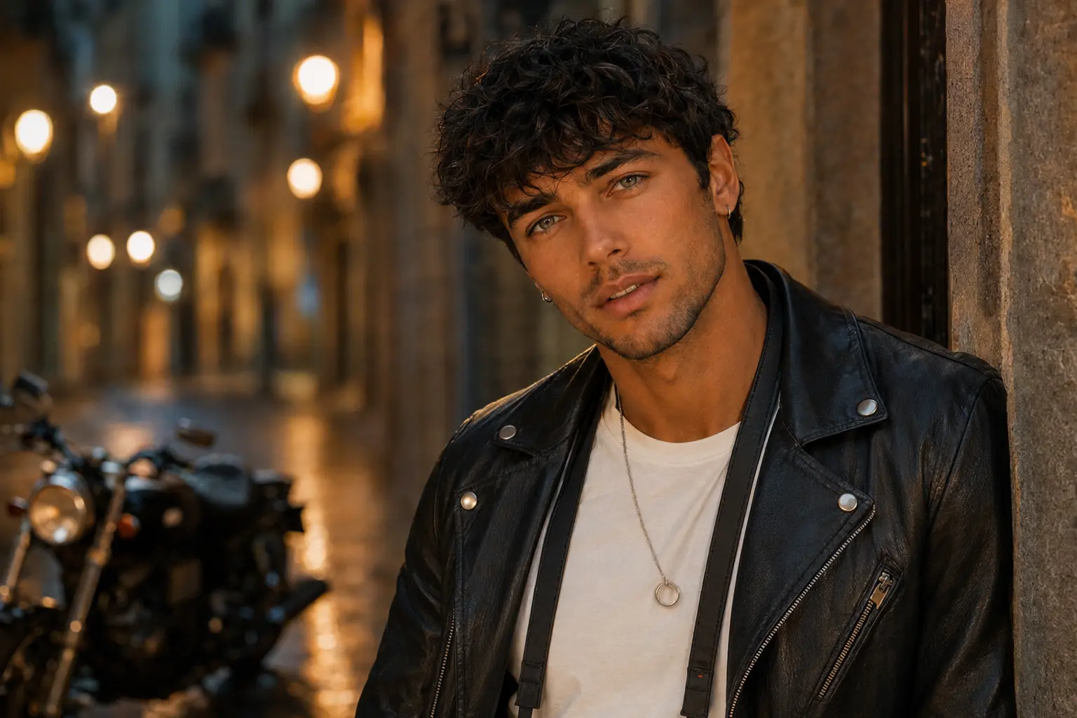 Yury in a leather jacket on a Barcelona street at night